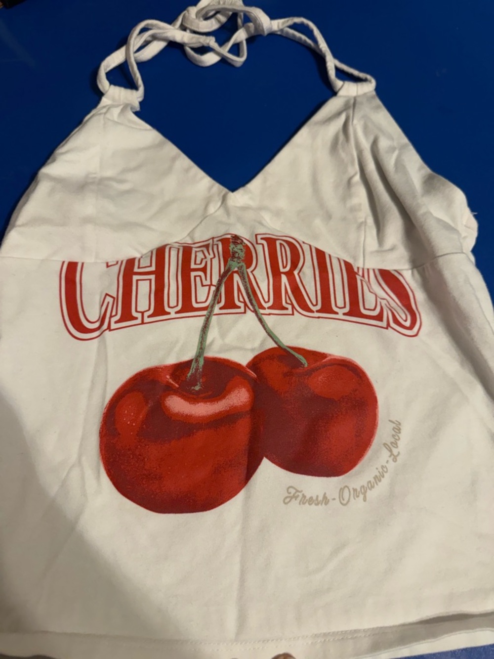 White Halter Crop Top with Red Cherry Graphic
